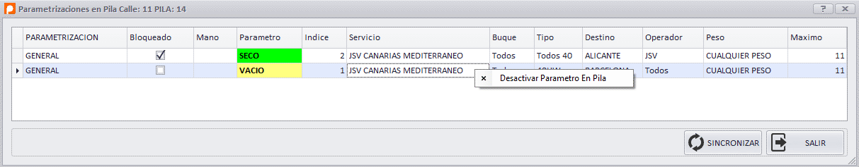Ejemplo de gestión de parametrización. Click derecho para menú por linea.